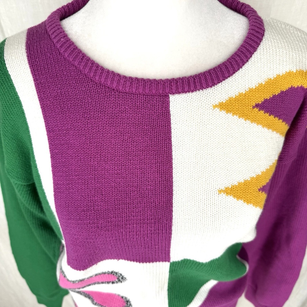 Vintage 80s Intarsia Knit Sweater Womens M Retro Quirky Maximalist Dopamine Boxy - Picture 2 of 8